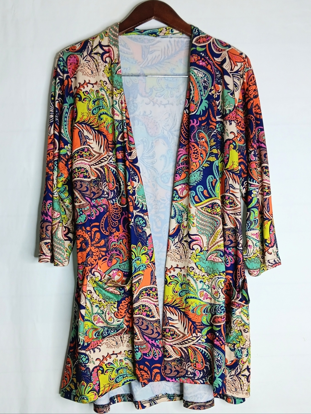 Zerdocean 1XL Open Cardigan 60's Style Paisley Pattern Pockets Stretch